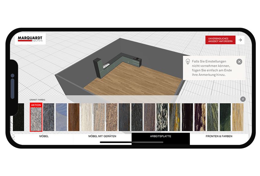 Schritt 3: Arbeitsplatten und Fronten gestalten 3D Küchenplaner